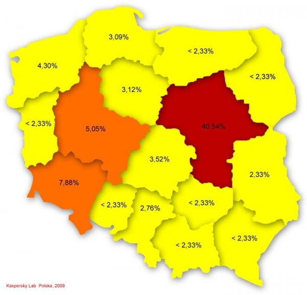 Poziom infekcji w poszczególnych województwach, lipiec 2009