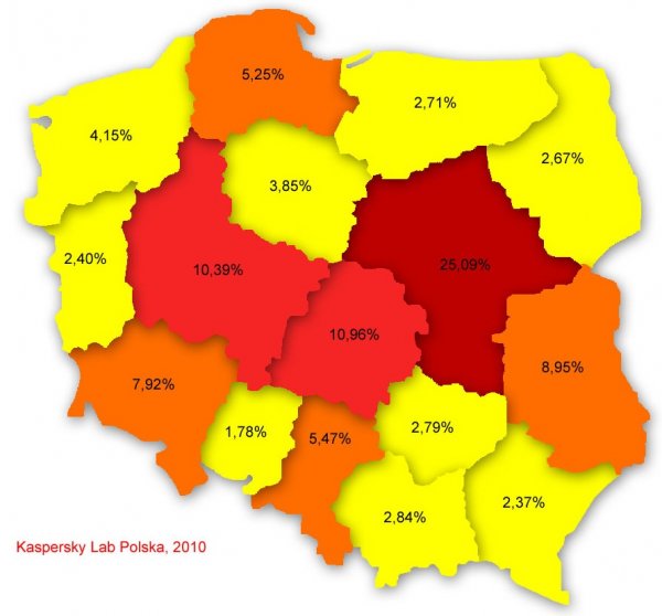 Poziom infekcji w poszczególnych województwach, lipiec 2010