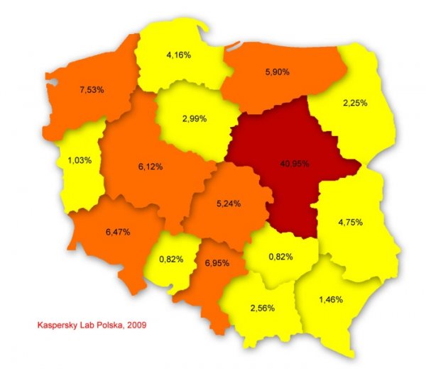 Poziom infekcji w poszczególnych województwach, październik 2009