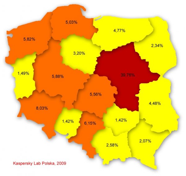 Poziom infekcji w poszczególnych województwach, sierpień 2009