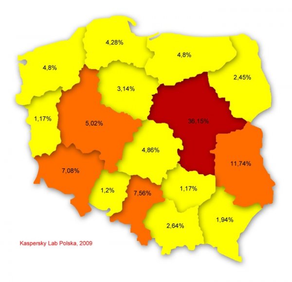 Poziom infekcji w poszczególnych województwach, wrzesień 2009