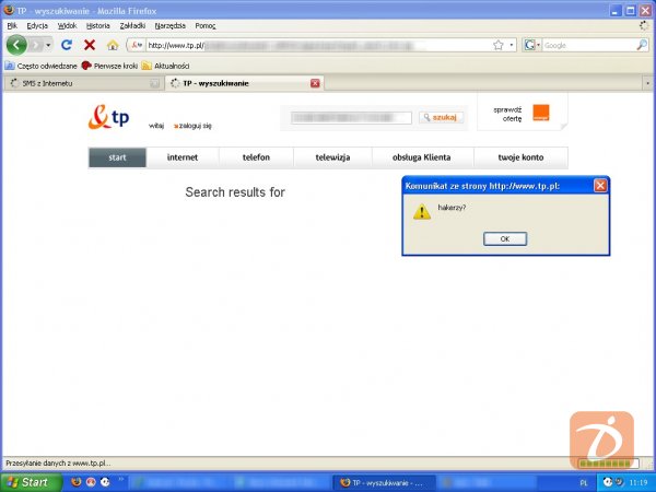 Zrzut ekranu obrazujący wykorzystanie luki na stronie TP