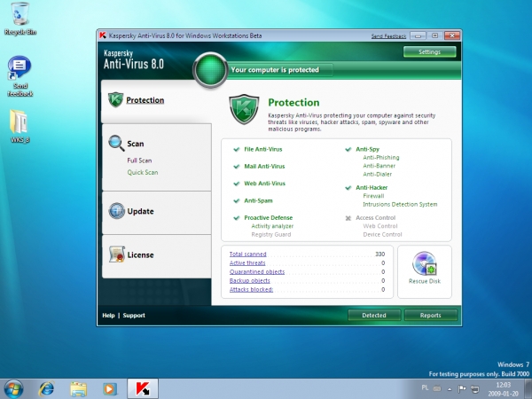 Okno wersji beta programu Kaspersky Anti-Virus dla systemu Windows 7