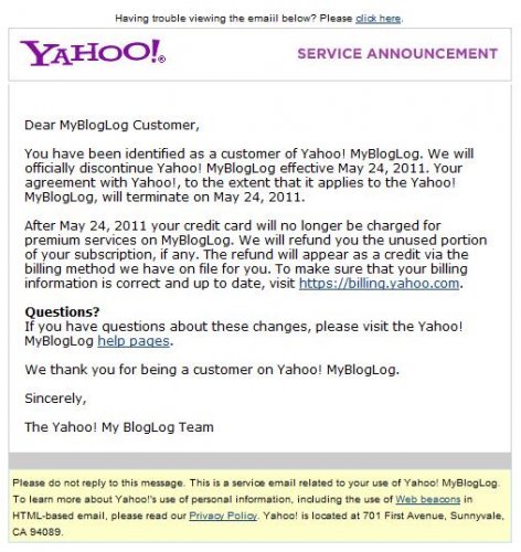 Oświadczenie Yahoo wysyłane do użytkowników serwisu