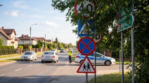 Zasłonięte gałęziami znaki drogowe na jednym słupku, ilustracja do ustaleń kontroli NIK dotyczącej oznakowania dróg publicznych