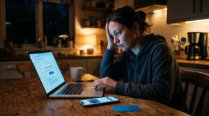 Osoba przy laptopie sprawdza podejrzaną wiadomość o subskrypcji Amazon Prime, obok karta płatnicza i telefon z aplikacją banku
