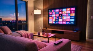 Salon z telewizorem wyświetlającym siatkę kanałów usługi MagentaTV w różowo-magentowej poświacie